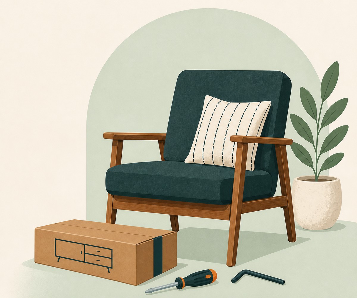 Finished armchair beside a flat-pack furniture box and assembly tools